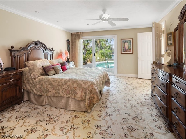 bedroom featuring light carpet, crown molding, ceiling fan, and access to outside