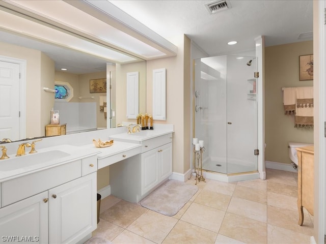 bathroom with toilet, a shower with door, tile floors, dual vanity, and a textured ceiling