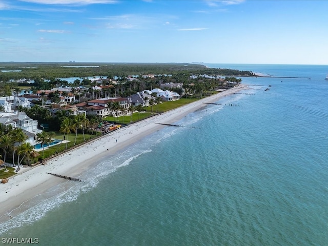 drone / aerial view with a beach view and a water view