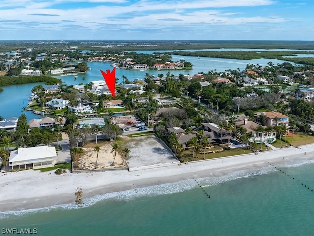 aerial view featuring a beach view and a water view