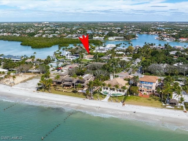 aerial view featuring a beach view and a water view