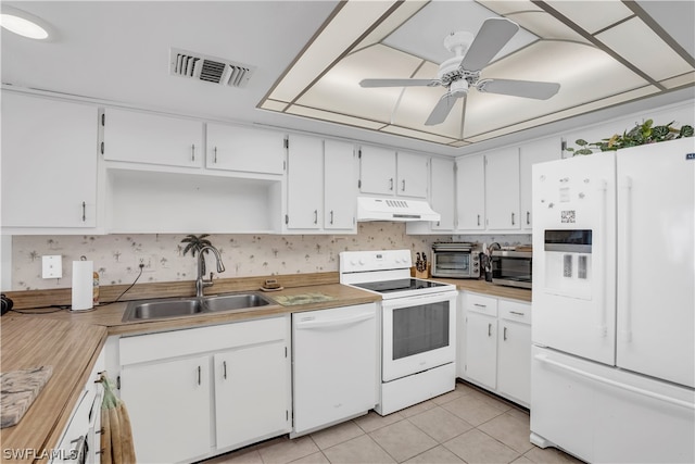 kitchen featuring white cabinetry, white appliances, sink, ceiling fan, and light tile floors