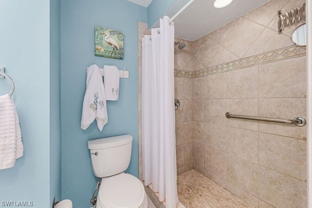 bathroom with toilet and curtained shower