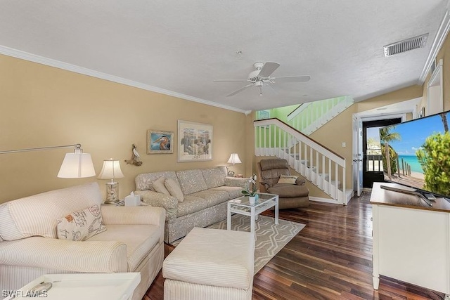 living room with crown molding, ceiling fan, and dark hardwood / wood-style flooring