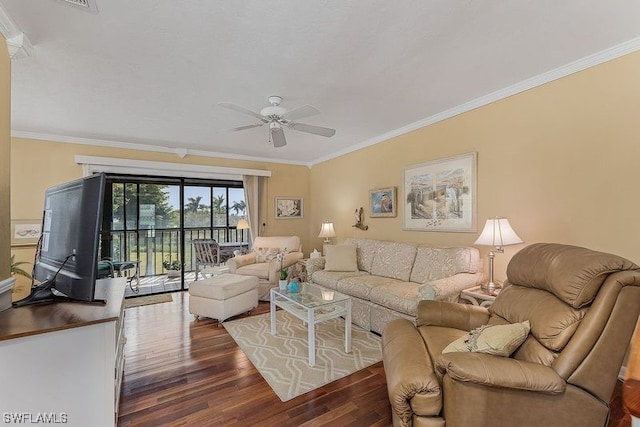 living room featuring ceiling fan, dark hardwood / wood-style floors, and crown molding