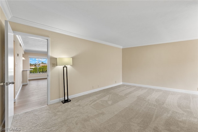 empty room featuring baseboards, light carpet, and crown molding