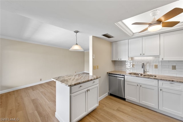 kitchen with a sink, hanging light fixtures, visible vents, white cabinets, and stainless steel dishwasher