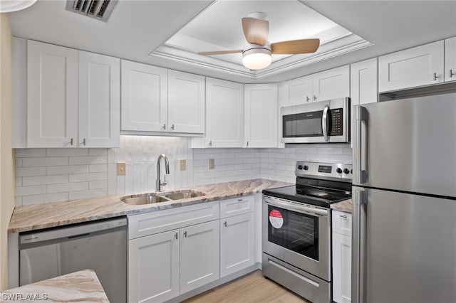 kitchen featuring a sink, visible vents, white cabinetry, stainless steel appliances, and ceiling fan