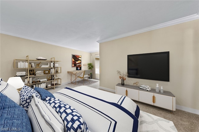 bedroom with light colored carpet, ornamental molding, and baseboards