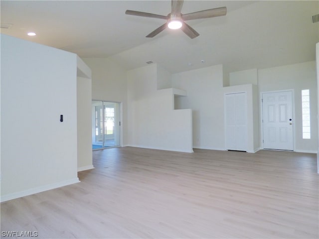 unfurnished living room featuring ceiling fan, light wood-type flooring, and lofted ceiling