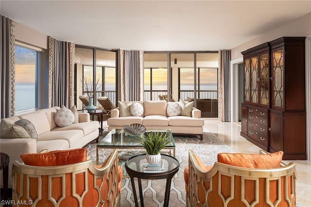 living room featuring light tile flooring