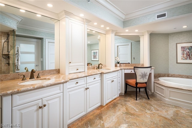 bathroom featuring double sink vanity, ornamental molding, ornate columns, a tub, and tile flooring