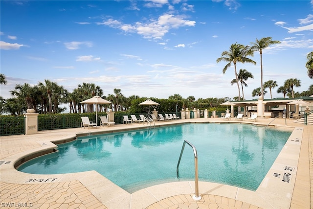 view of swimming pool featuring a patio area