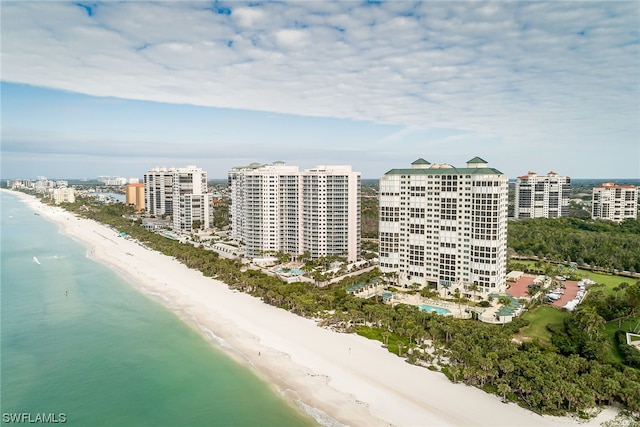 aerial view featuring a beach view and a water view