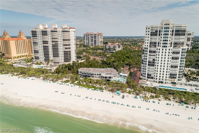 aerial view with a water view and a view of the beach