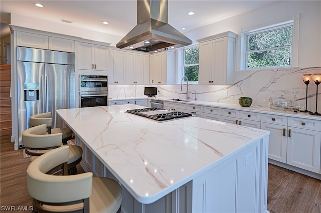 kitchen featuring backsplash, a kitchen island, stainless steel appliances, and island exhaust hood