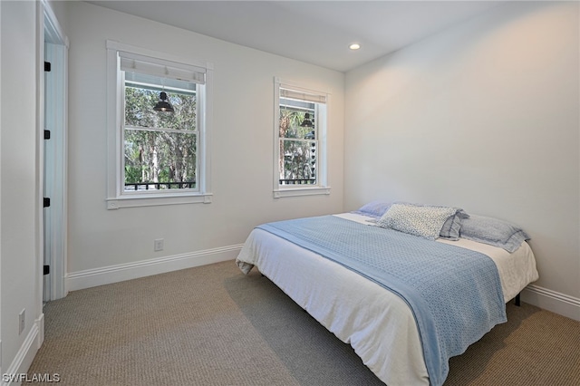 bedroom featuring dark carpet