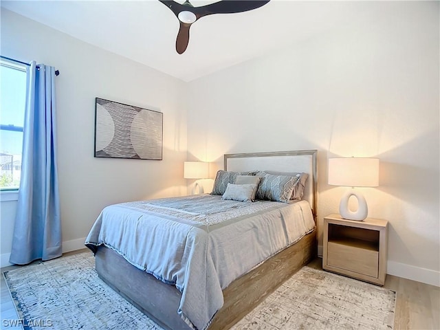 bedroom featuring ceiling fan and light hardwood / wood-style flooring