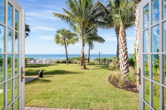 view of yard with a water view