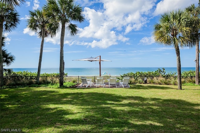 exterior space with a water view