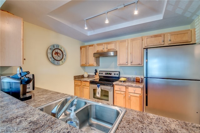 kitchen featuring appliances with stainless steel finishes, a tray ceiling, track lighting, and light brown cabinetry