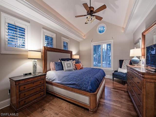 bedroom featuring ornamental molding, dark hardwood / wood-style flooring, ceiling fan, and lofted ceiling