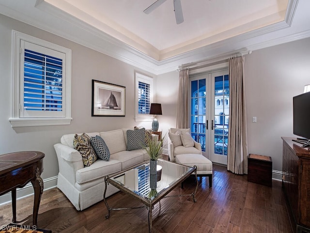 living room with dark wood-type flooring, a tray ceiling, and french doors