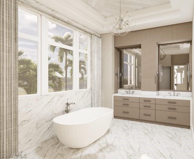 bathroom featuring vanity, a raised ceiling, and a washtub