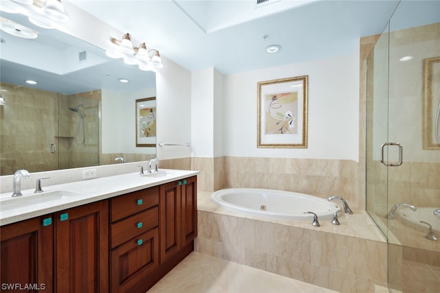 bathroom featuring shower with separate bathtub, dual bowl vanity, and tile flooring