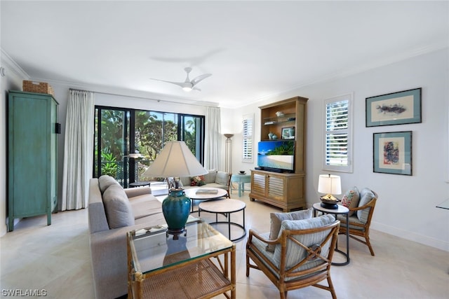 tiled living room featuring ornamental molding and ceiling fan