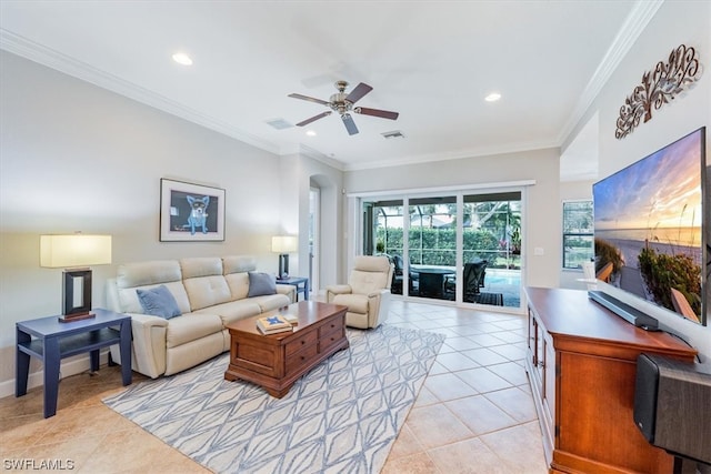 living room featuring crown molding, ceiling fan, and light tile flooring