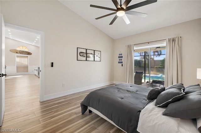 bedroom with high vaulted ceiling, access to exterior, ceiling fan, and light wood-type flooring