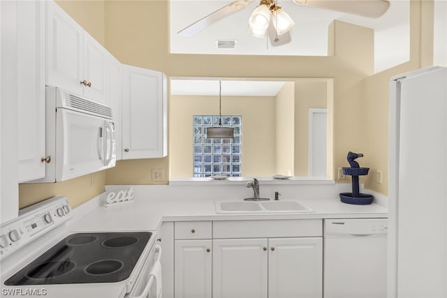 kitchen featuring white cabinets, ceiling fan, white appliances, and sink