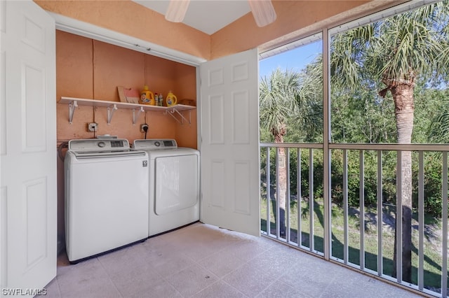 laundry room with light tile floors, ceiling fan, washer and dryer, and electric dryer hookup