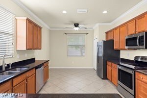 kitchen featuring ornamental molding, stainless steel appliances, ceiling fan, and plenty of natural light