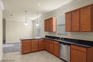 kitchen featuring dishwasher, sink, kitchen peninsula, hanging light fixtures, and ornamental molding