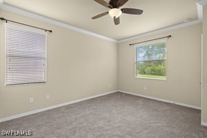 unfurnished room with carpet, ornamental molding, and ceiling fan