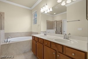 bathroom featuring vanity, crown molding, and separate shower and tub