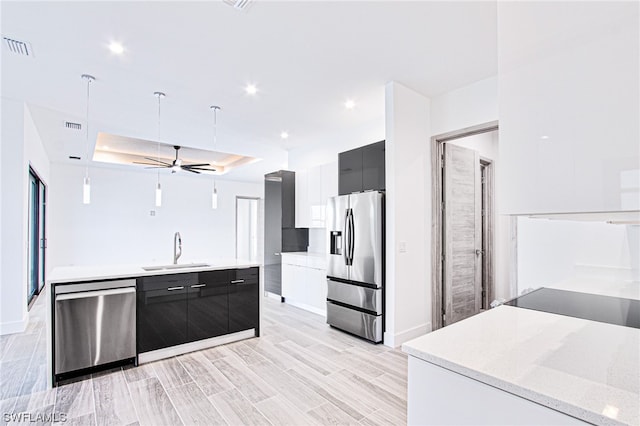 kitchen with decorative light fixtures, a tray ceiling, ceiling fan, appliances with stainless steel finishes, and sink