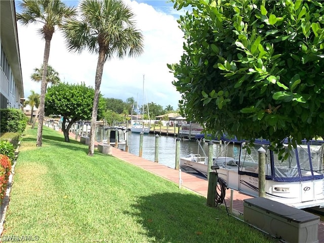 dock area with a water view and a lawn