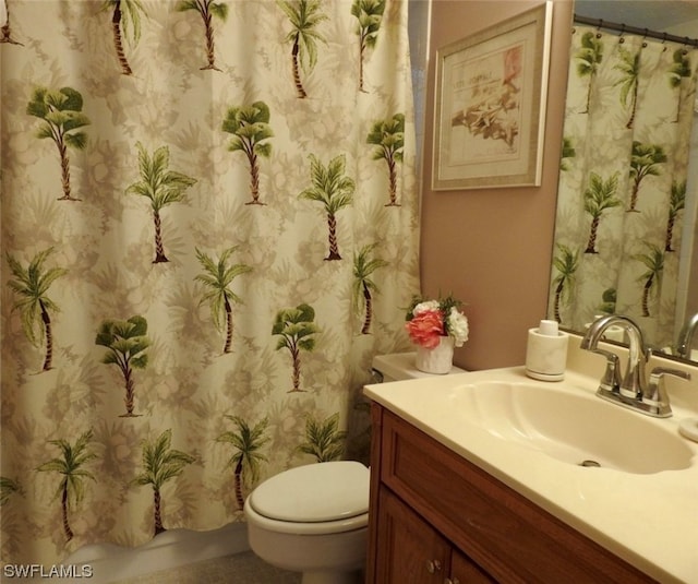 bathroom featuring vanity, toilet, and curtained shower