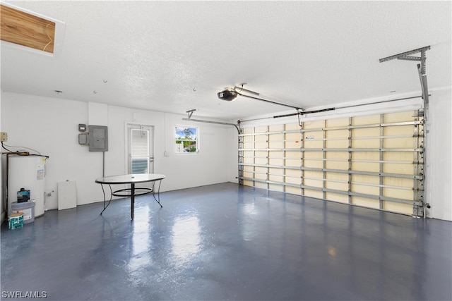 garage featuring a garage door opener and water heater