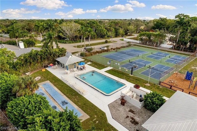 view of swimming pool featuring a gazebo, tennis court, and a patio