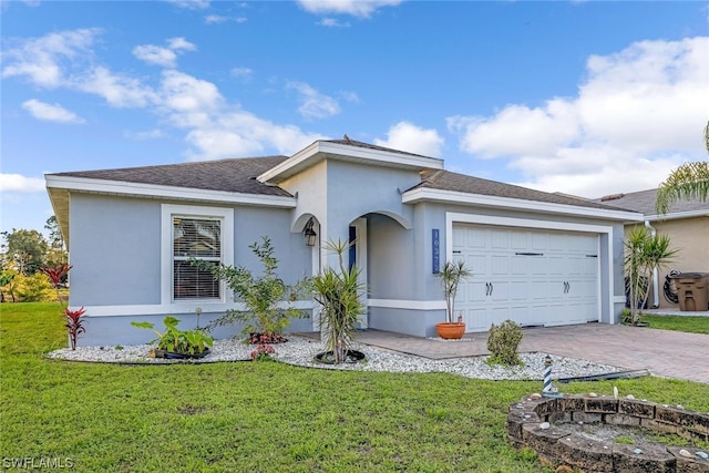 ranch-style house with a garage and a front yard