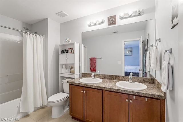 full bathroom with tile patterned floors, toilet, shower / bath combination with curtain, and dual bowl vanity