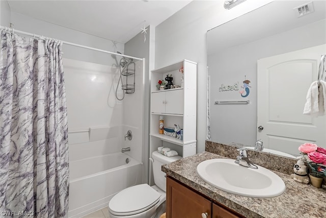 full bathroom with tile patterned floors, shower / bath combination with curtain, toilet, and vanity