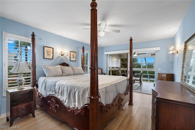 bedroom featuring light wood-type flooring and ceiling fan