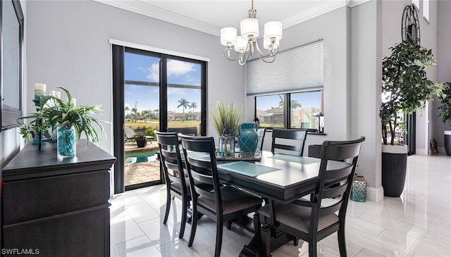 dining area featuring a chandelier, ornamental molding, and light tile floors