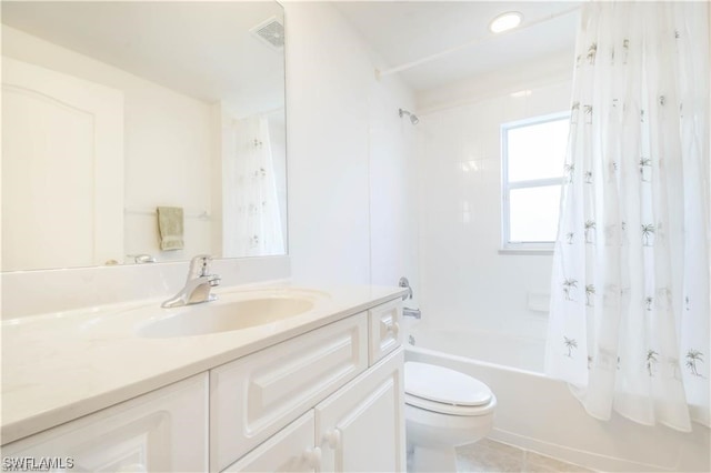 full bathroom featuring toilet, vanity, shower / bathtub combination with curtain, and tile flooring