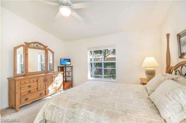 bedroom featuring ceiling fan and light colored carpet